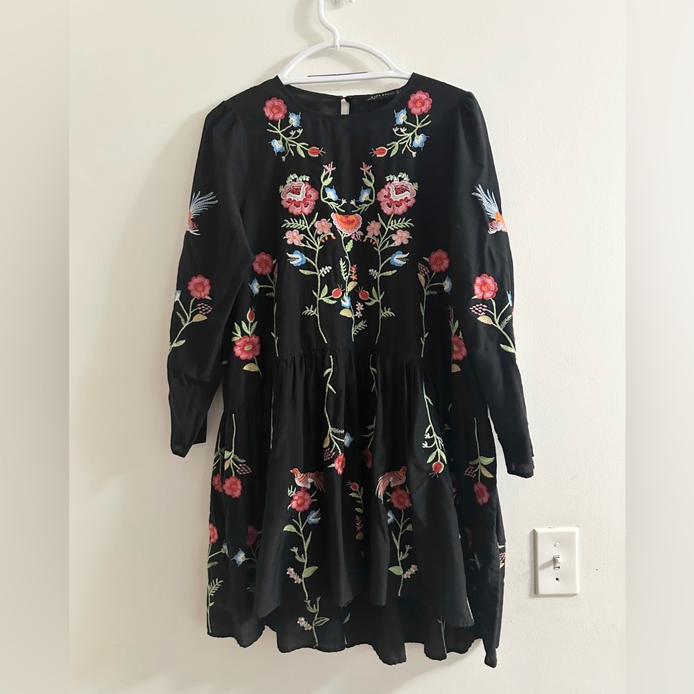 Zara Long Sleeve Embroidered Floral Mini Dress size S Black/ Multi - Picture 10 of 13